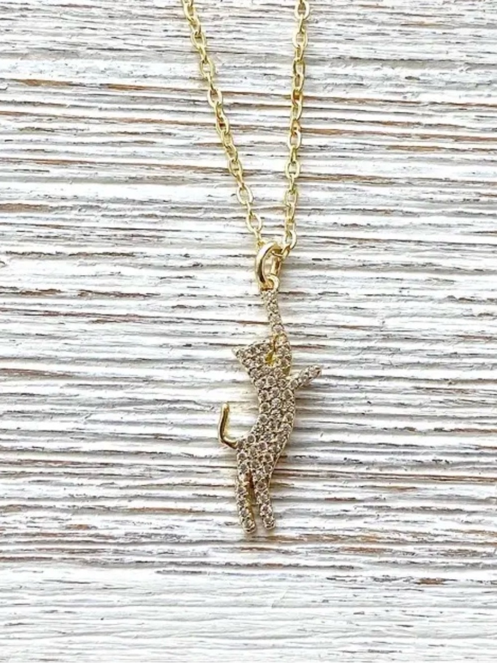 Dainty Cat Gold Toned Pave Crystal Pendant Necklace